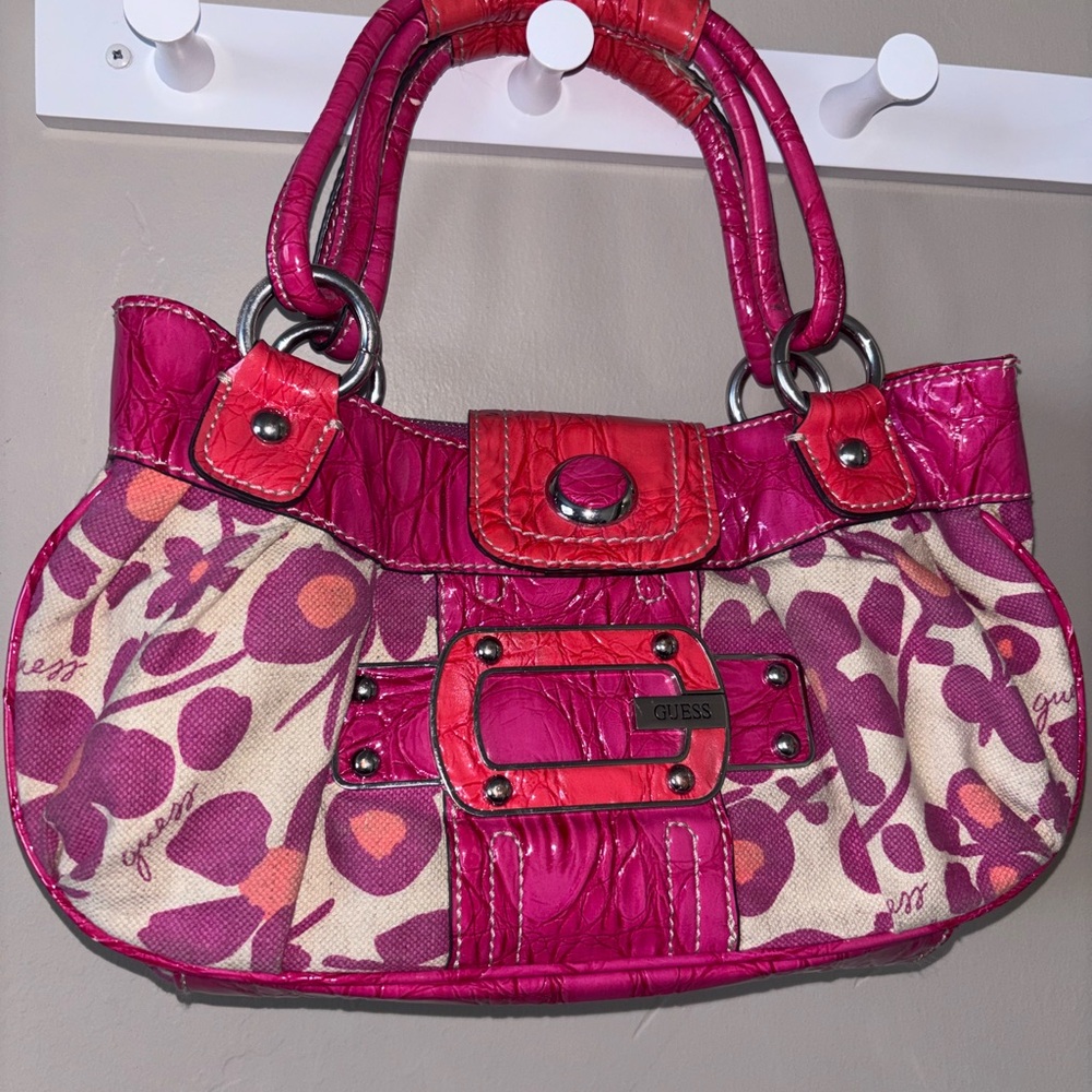 Guess Pink and Cream Shoulder Bag with Animal Print